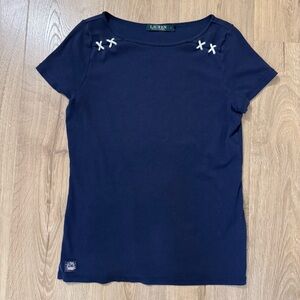 Ralph Lauren Navy Blue Short Sleeve Top with White Rope Accents Nautical